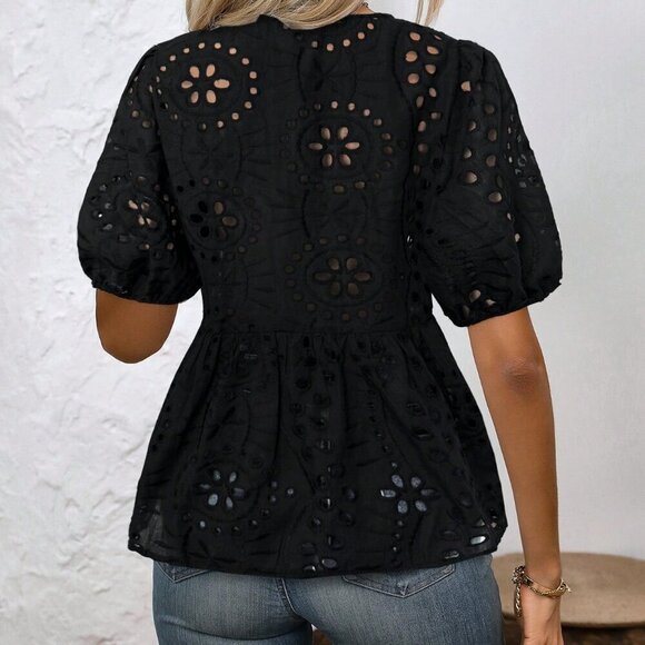Black Casual Women's Round Neck Short Sleeve Shirt Peplum Top - Picture 2 of 7
